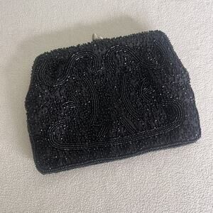 Sharonee Vintage Black Beaded Kissing Clasp Clutch Purse Evening Bag